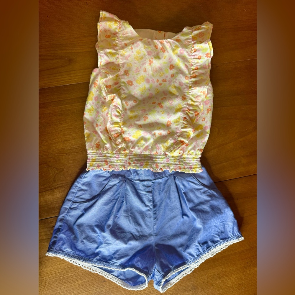 Janie and Jack Ditsy Floral Ruffled Top with Chrochet Trim Shorts Sz 7